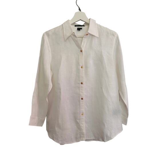 Lauren Ralph Lauren Shirt Womens M‎ White Linen Gold Button Crest Classic - Picture 1 of 8